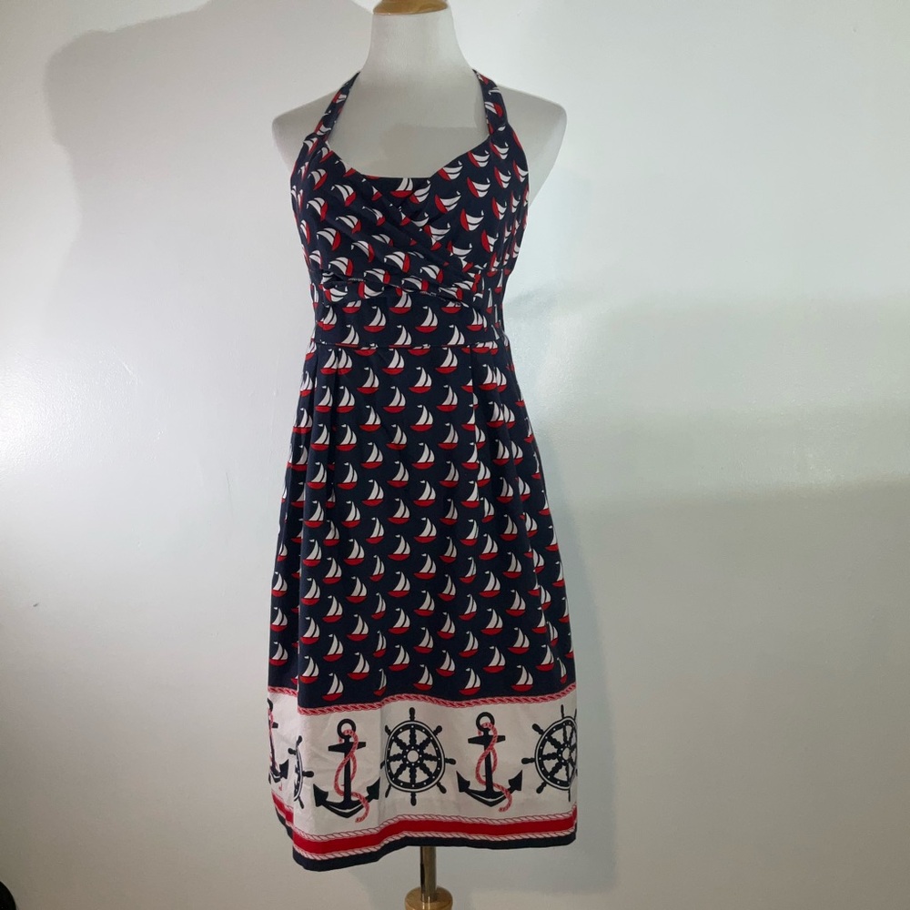 Anthropologie Red and Blue Nautical Print Halter Sundress - Picture 2 of 11